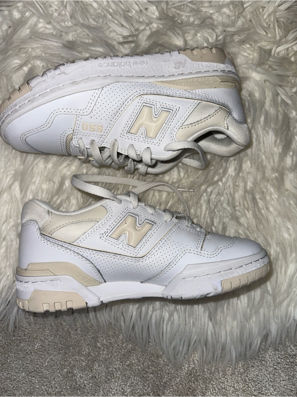 New Balance White and Cream Leather Sneakers